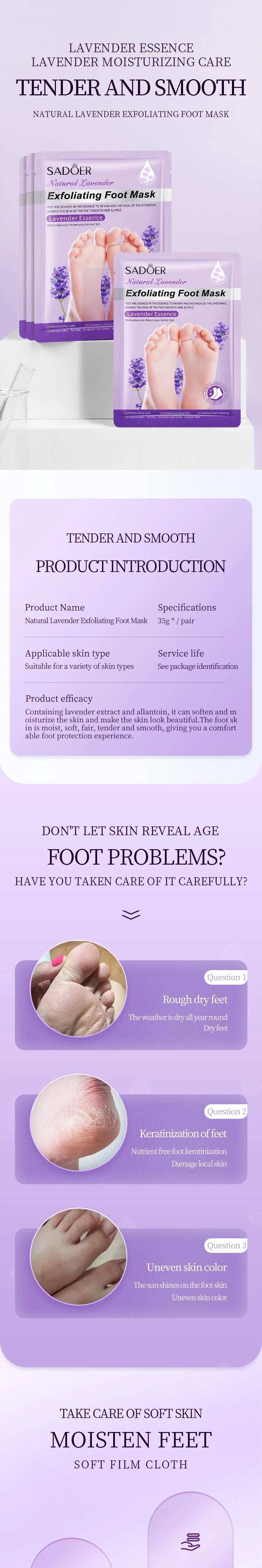 5/10 Pairs SADOER Lavender Foot Mask Moisturizing Whitening Foot Peeling Mask Exfoliating Feet Pedicure Exfoliant Feet Skin Care