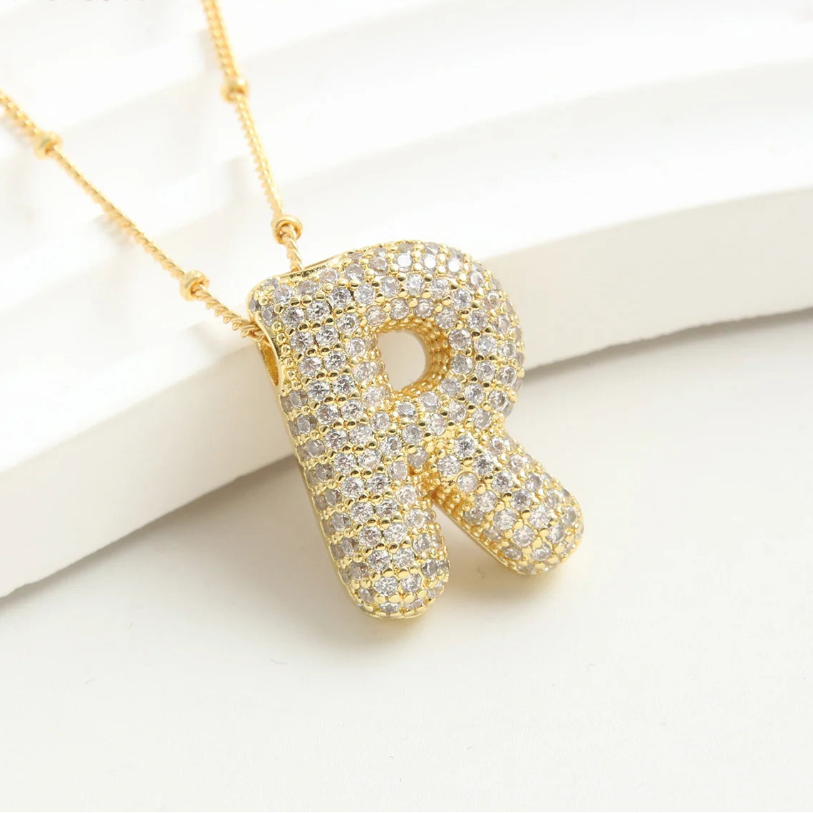 Gold-Style Plated Balloon Initial Zirconia Letter Pendant Necklace