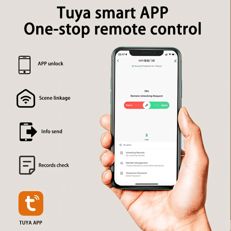 Tuya Smart Lock Wirelss With Fingerprint Password IC Card Unlock Support USB Emergency Charge Handle Direction Adjustable ﻿
