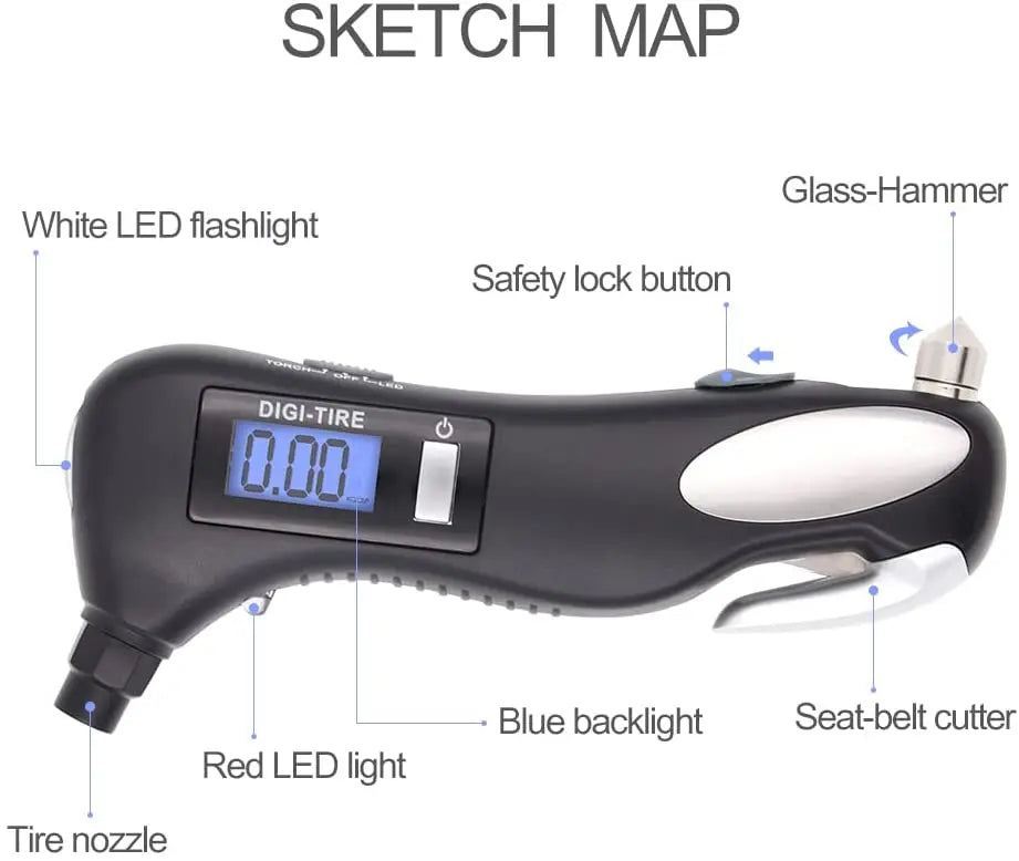Digital tire pressure gauge, emergency lighting flashlight, car escape hammer, seat belt cutter, multi-functional self-rescue to
