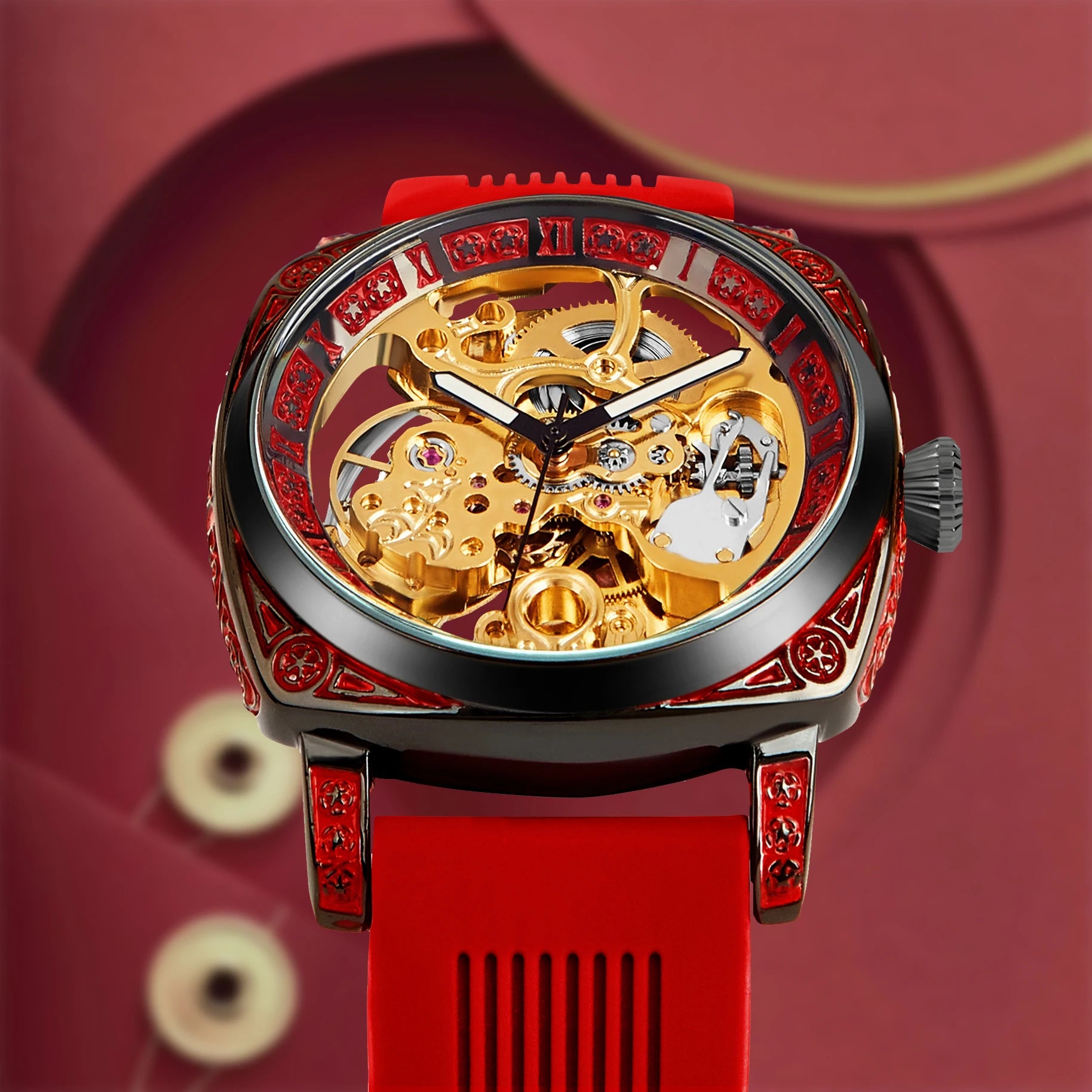 New ladies' watch with golden red tape, casual style, elegant night light, carved flowers, fully automatic mechanical watch