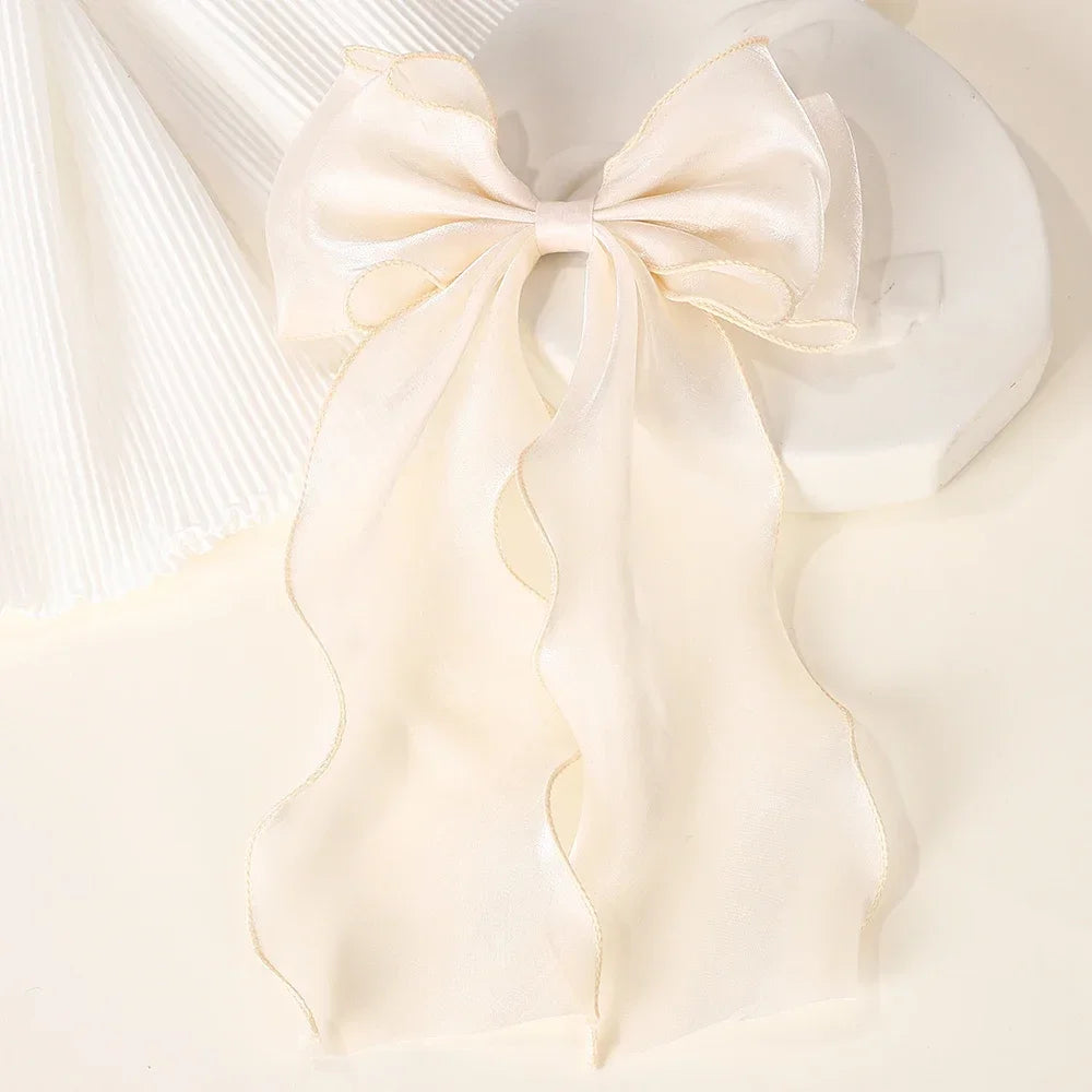 Elegant Long Satin Bow Hair Clip Large Chiffon Barrette