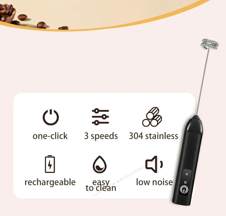 USB Rechargeable 3-Speed Handheld Milk Frother and Whisk