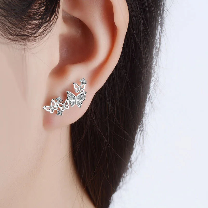 Luxury 925 Sterling Silver Butterfly Zircon Stud Earrings