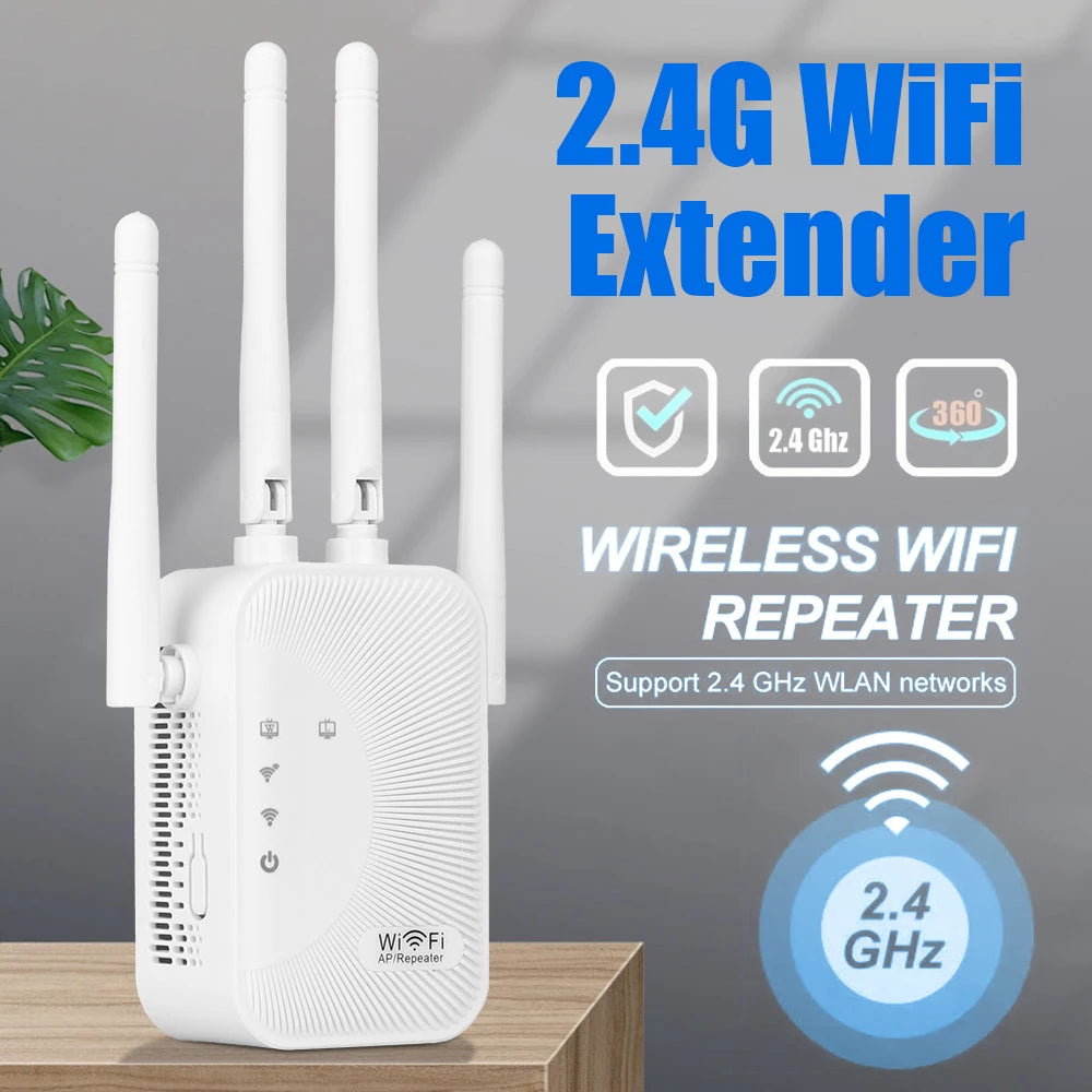 WiFi Extender 300Mbps, 2.4Ghz, With 4 Antennas, 360° Full Coverage for 35+ Devices, Ethernet Port & 1-Tap Setup - Boost Signal