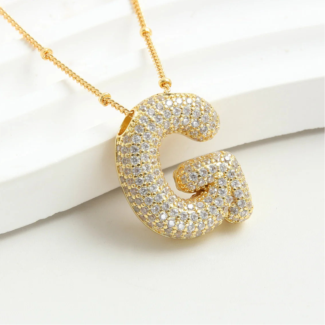 Gold-Style Plated Balloon Initial Zirconia Letter Pendant Necklace