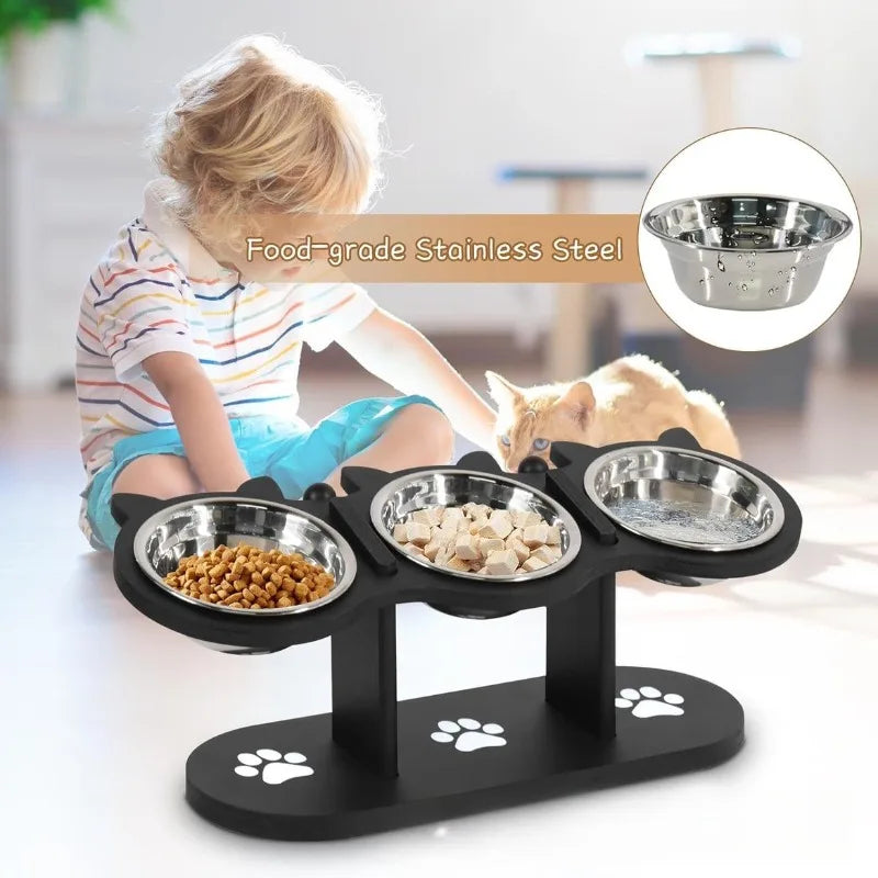 Adjustable 15-Degree Elevated 3-Bowl Wood and Stainless Steel Feeder