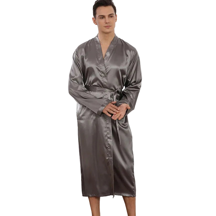 Men's Long Black Satin Bridegroom Wedding Bathrobe