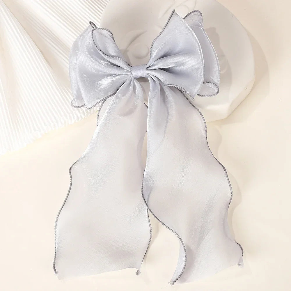 Elegant Long Satin Bow Hair Clip Large Chiffon Barrette
