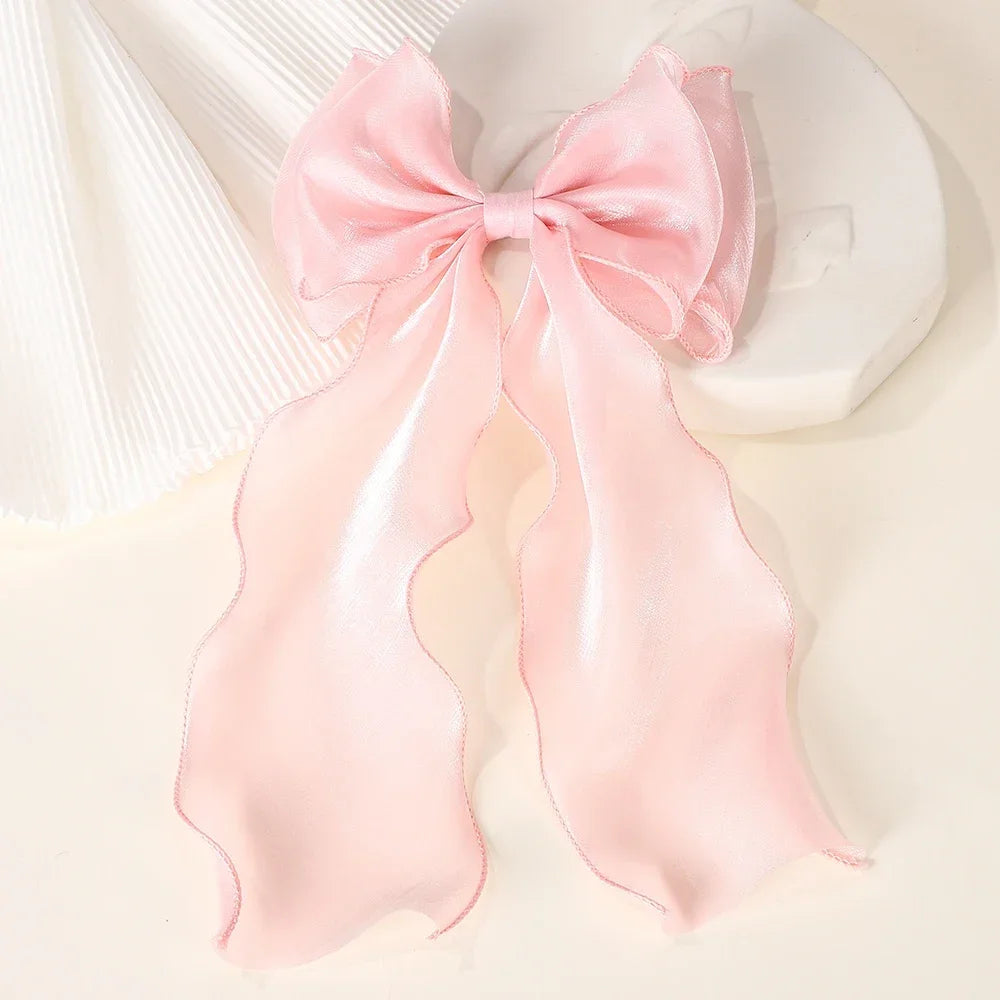 Elegant Long Satin Bow Hair Clip Large Chiffon Barrette