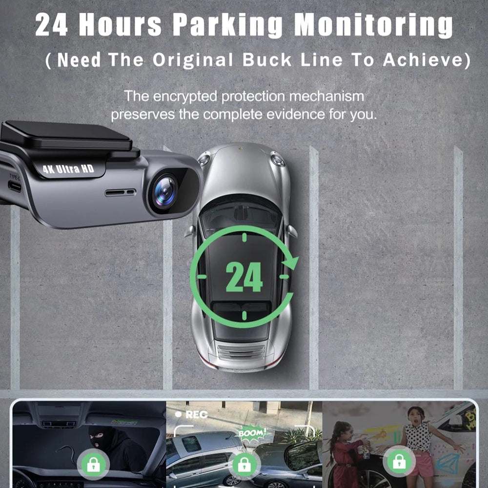 4K 3840*2160P Dash Cam WIFI Car DVR Camera Video Drive Recorder Dashcam Registrar Black Box 24 Hour Monitoring Night Vision
