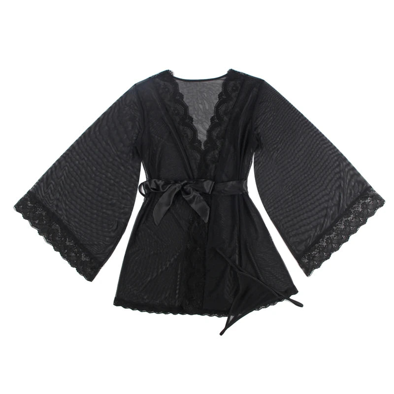 Lace Transparent Babydoll Kimono Lingerie Set