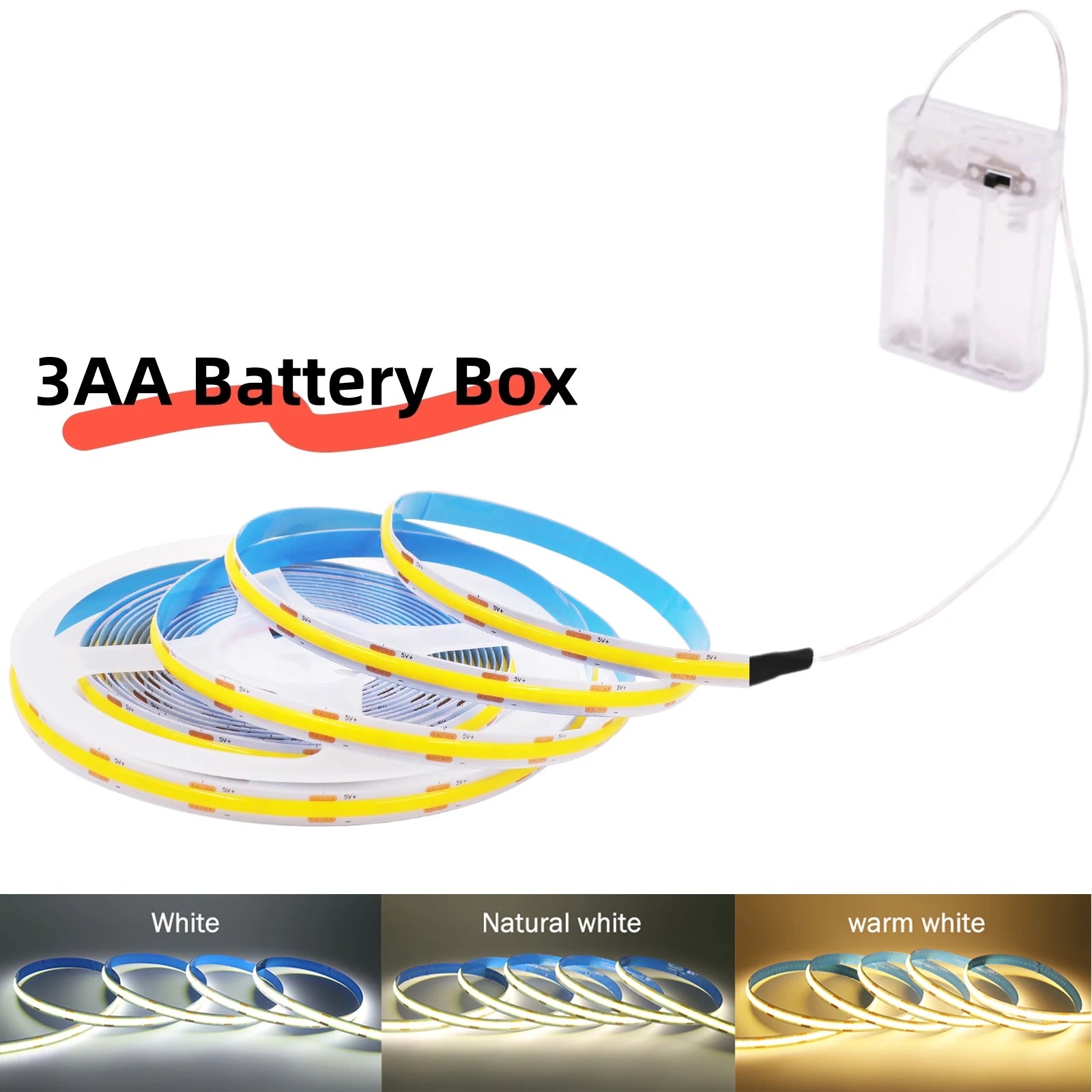 3AA Battery Box 5V COB Led Strip 8MM 320LEDs/M Warm Natural Cool White Flexible COB Strip Light for Bedroom Cabinet TV Backlight