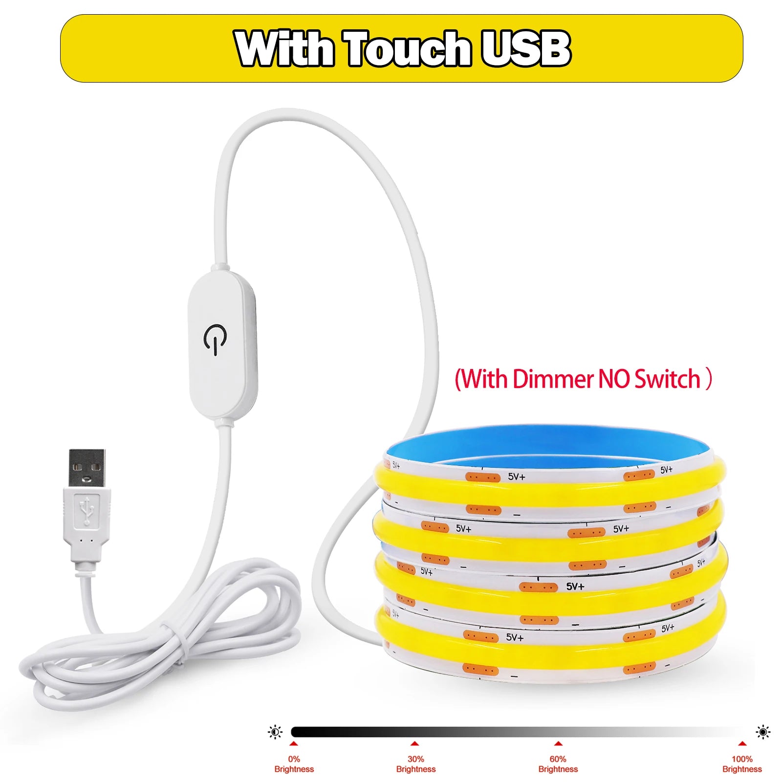 New 5V LED COB Light Strip Dimmable With Touch Sensor/ON OFF Switch USB Flexible LED Tape Christmas TV Backlight Adhesive Tape