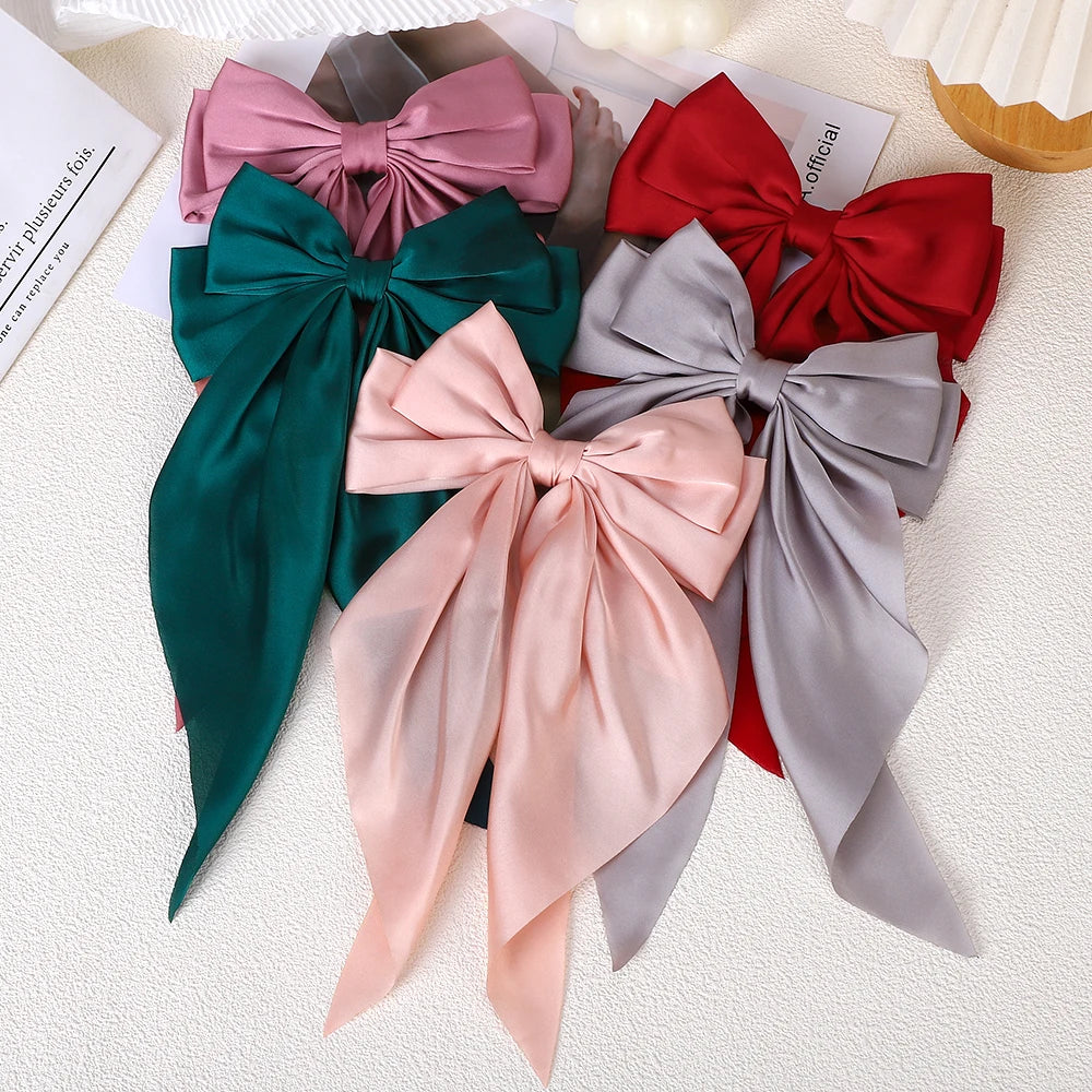 Elegant Long Satin Bow Hair Clip Large Chiffon Barrette