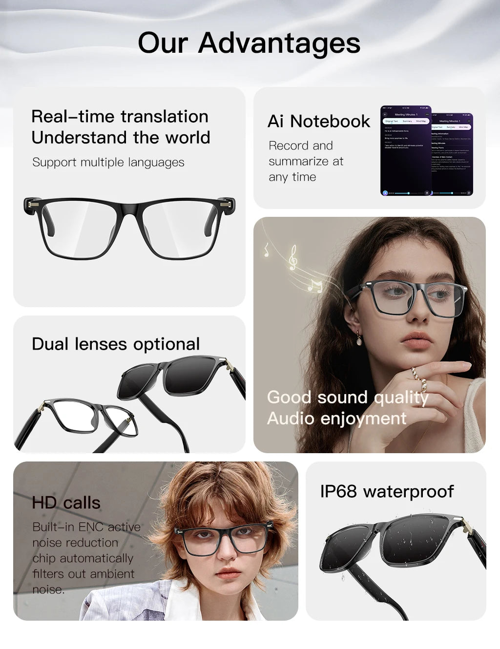 Smart Glasses with AI Translator Bluetooth Glasses Hands-Free Music & Calls Outdoor Sports Headphones for Men and Women