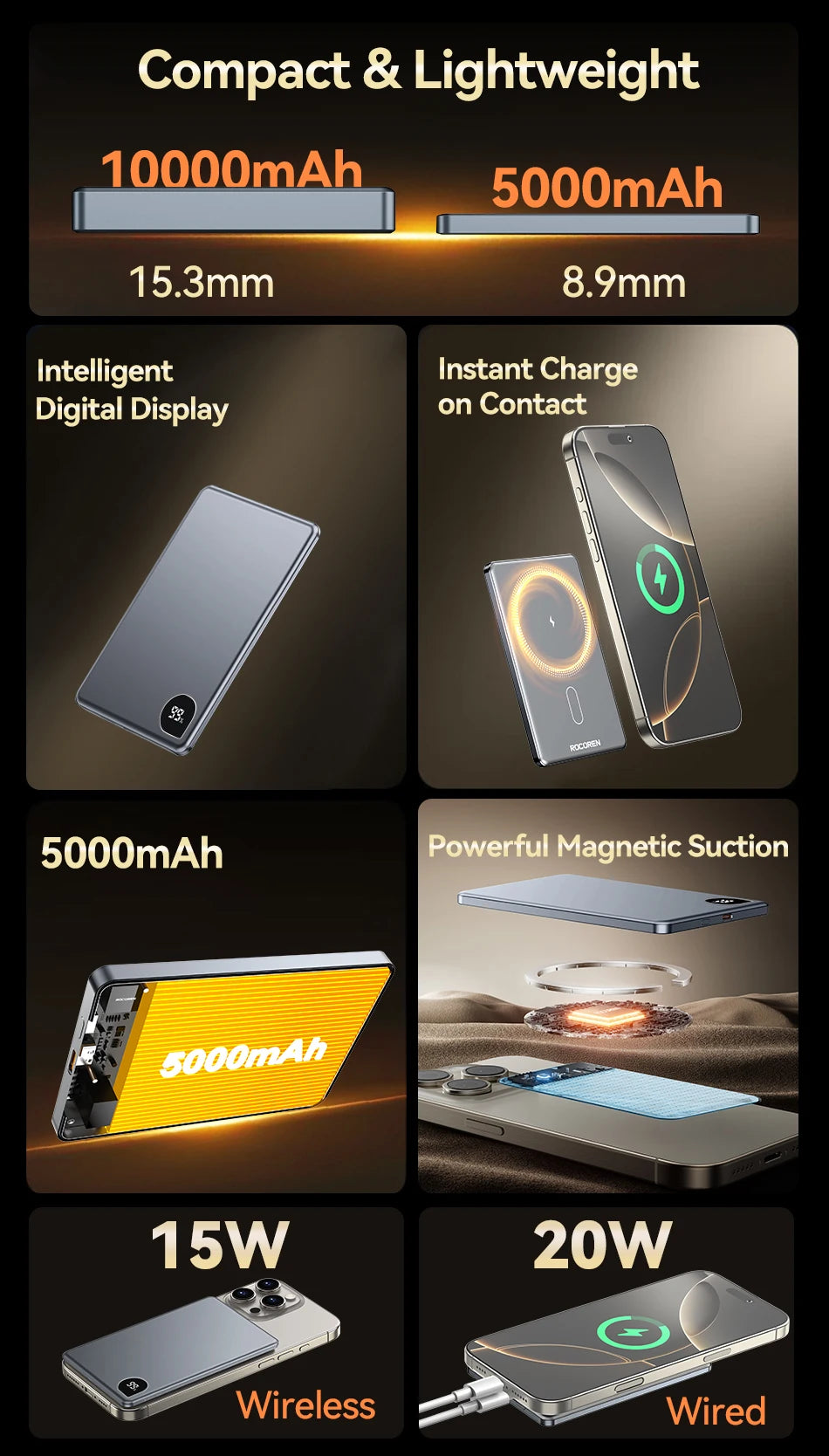 Rocoren 10000mAh Magnetic PowerBank Fast Charging 5000mAh Power Bank Portable Wireless Charger Battery For iPhone 17 16 Pro Max