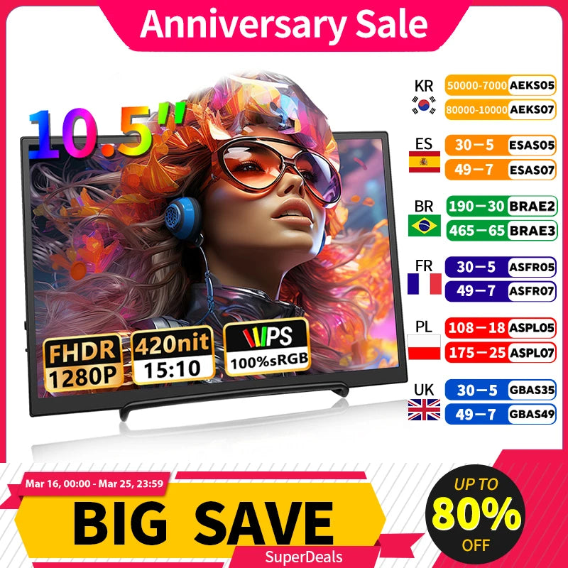 10.5 inch Portable Monitor 1280P 100%SRGB 420cd/m2 With dual speakers Mini HDMI interface For Laptop PC PS4 Game Console