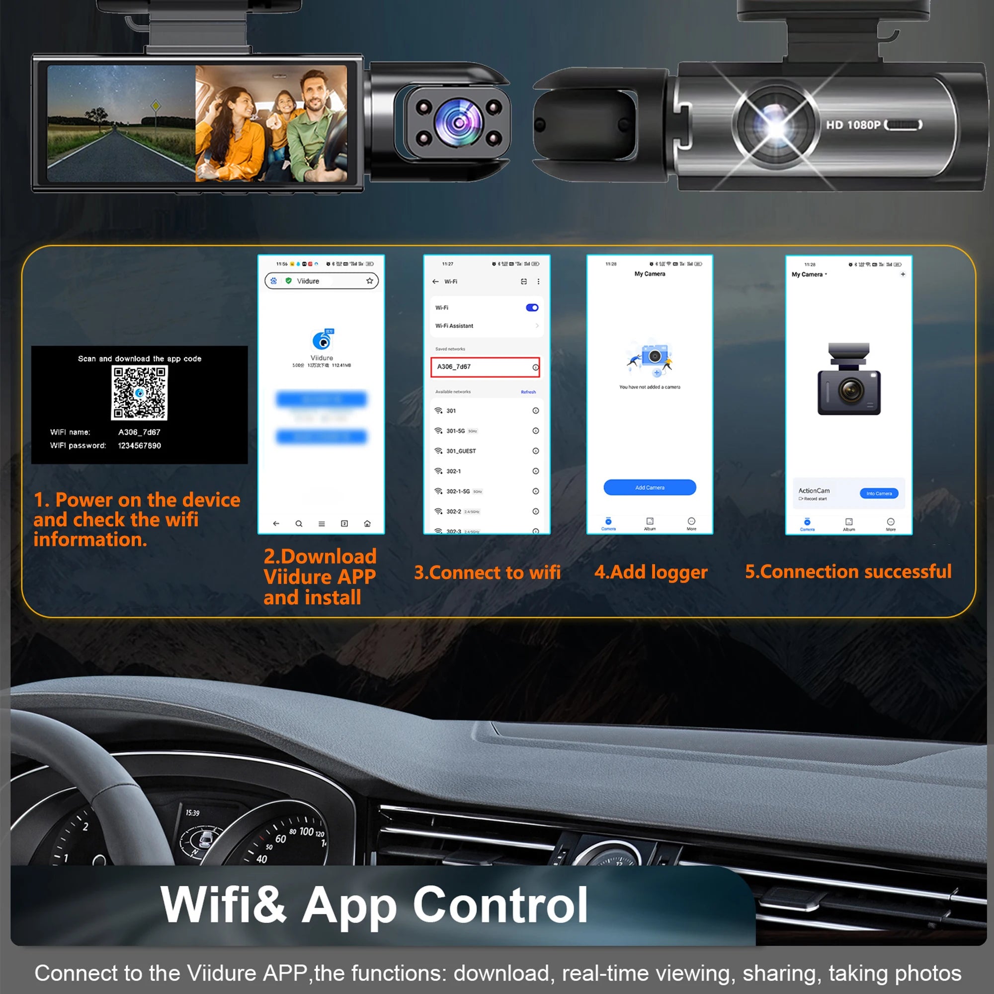 1080P WIFI Dual camera Dash Cam for cars,Front And Inside,car camera with IR Night Vision,Loop Recording,wide angle Car DVR Came