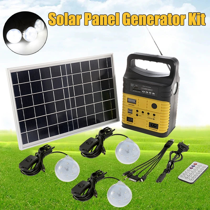 Portable Solar Generator System 3 Bulbs Radio Outdoor Solar Power Panel Camping Kit LED Emergency Lighting with Remote Control