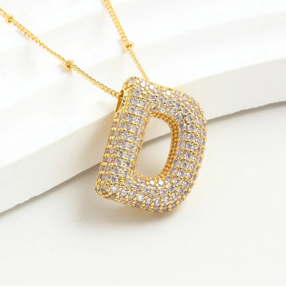 Gold-Style Plated Balloon Initial Zirconia Letter Pendant Necklace