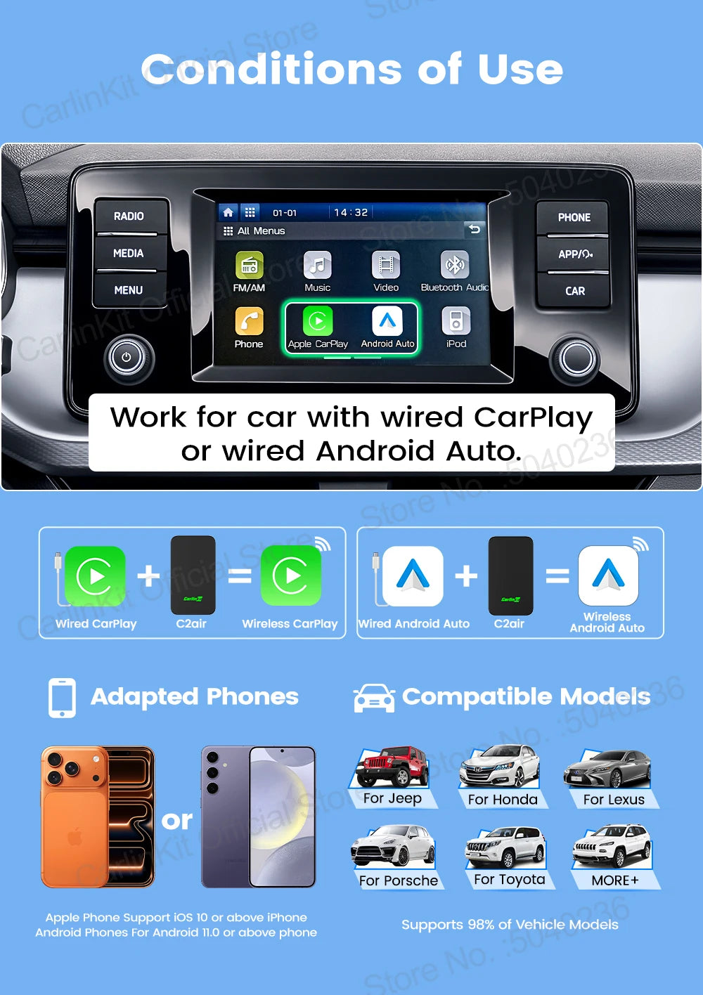 CarlinKit 5.0 C2Air 2-In-1 CarPlay Android Auto Wireless Adapter For Wired CarPlay Android Auto Cars Online Upgrade Plug & Play