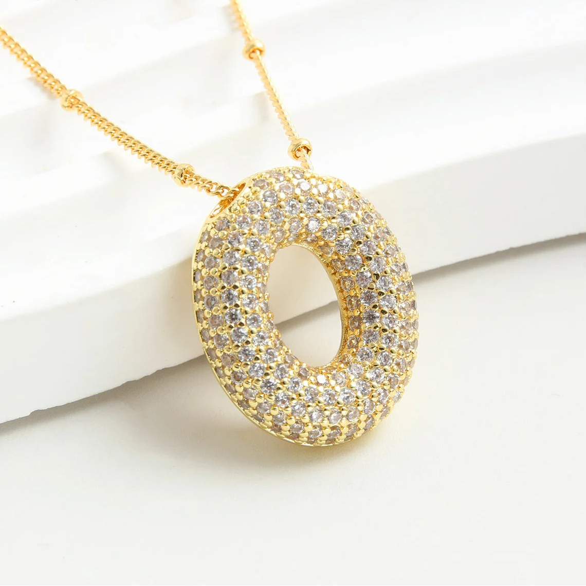 Gold-Style Plated Balloon Initial Zirconia Letter Pendant Necklace