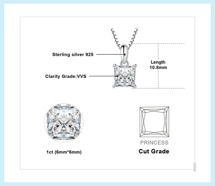 925 Sterling Silver D Color Princess Cut Moissanite Necklace