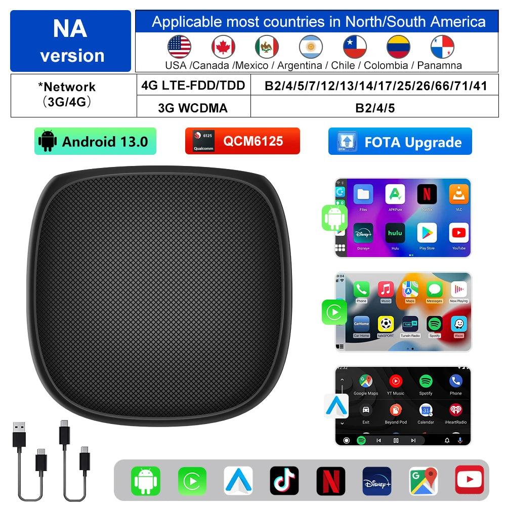 FLIXIVI CarPlay Ai Box 8+128G Android 13 Wireless Carplay Adapter/Android Auto QCM6125 8-Cores  CPU 4G LTE for VW Audi Kia Fiat