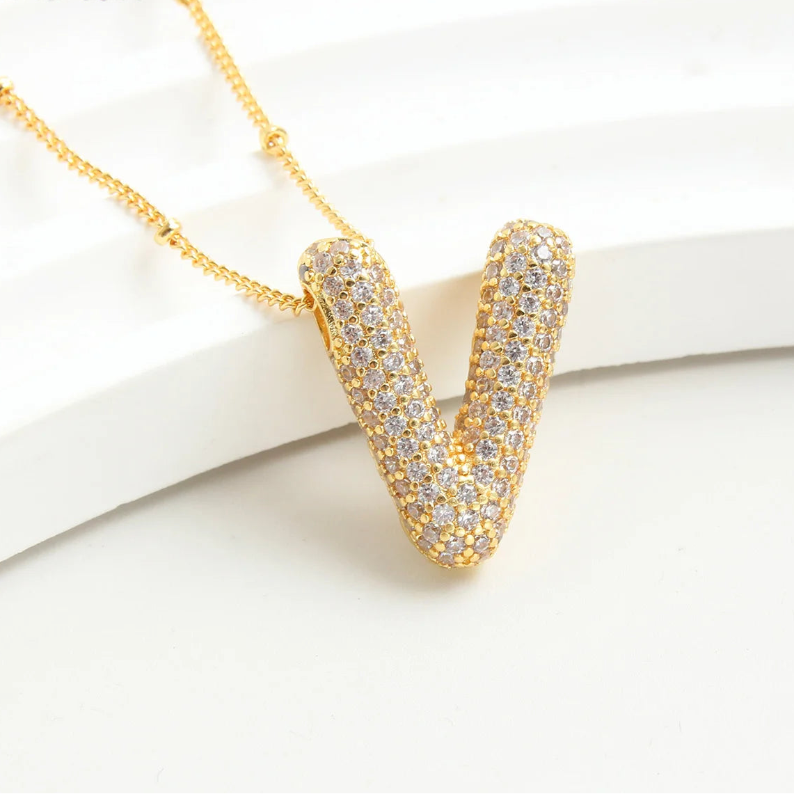 Gold-Style Plated Balloon Initial Zirconia Letter Pendant Necklace