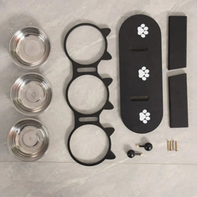 Adjustable 15-Degree Elevated 3-Bowl Wood and Stainless Steel Feeder