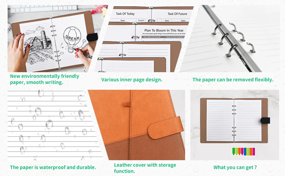 Reusable Smart Notebook A5 PU Leather with Storage Function 6 Page Styles Endlessly Reusable Note Pad Pen Self-Stick Notes Wipe