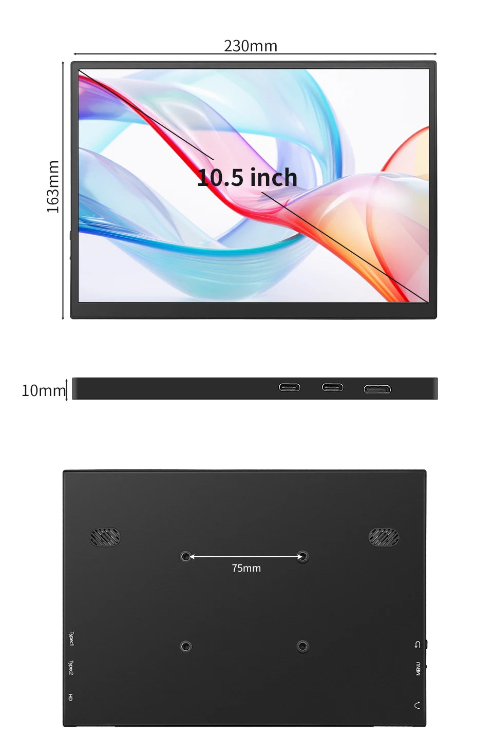 10.5 inch Portable Monitor 1280P 100%SRGB 420cd/m2 With dual speakers Mini HDMI interface For Laptop PC PS4 Game Console