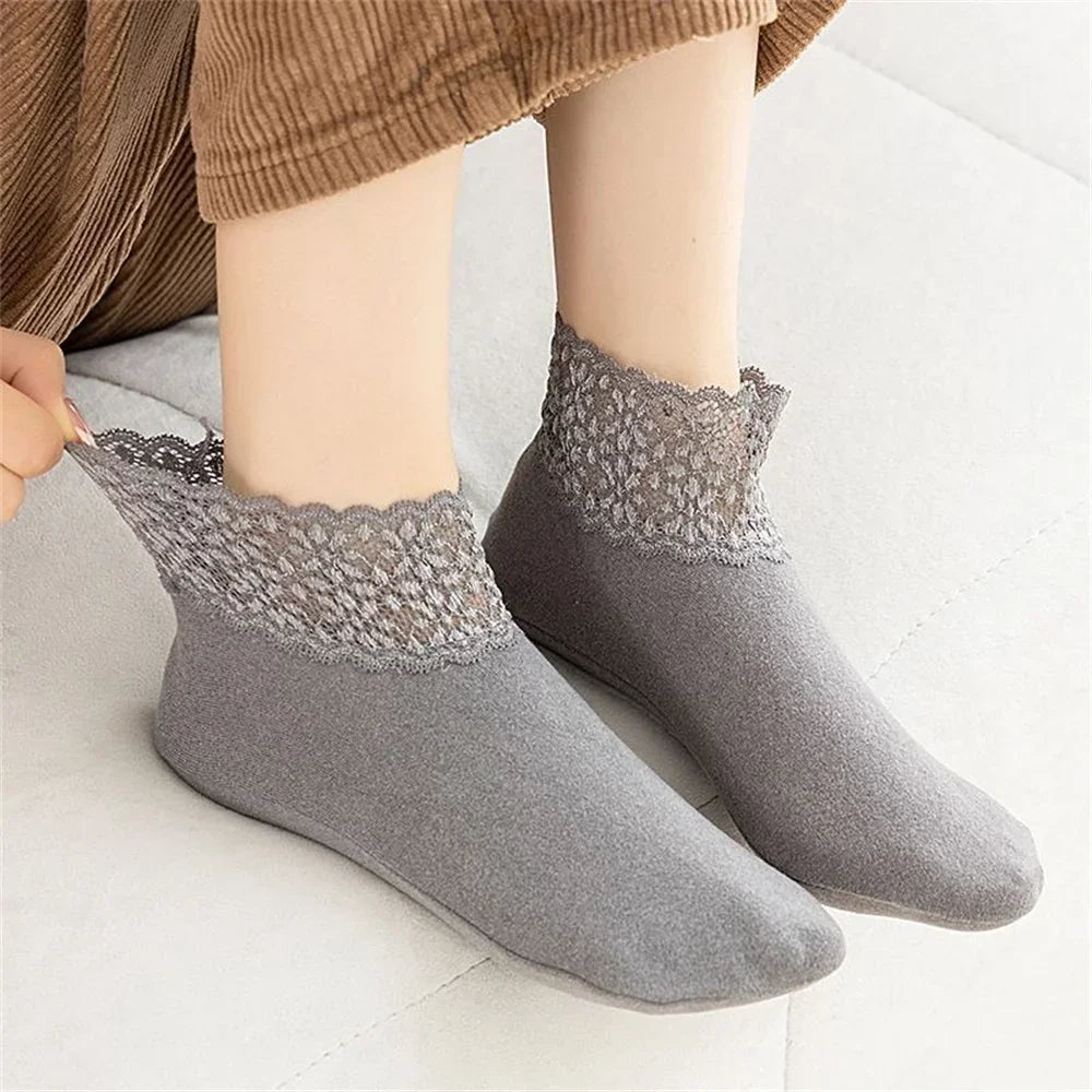 Women's Anti-Slip Thermal Velvet Floor Socks with Lace