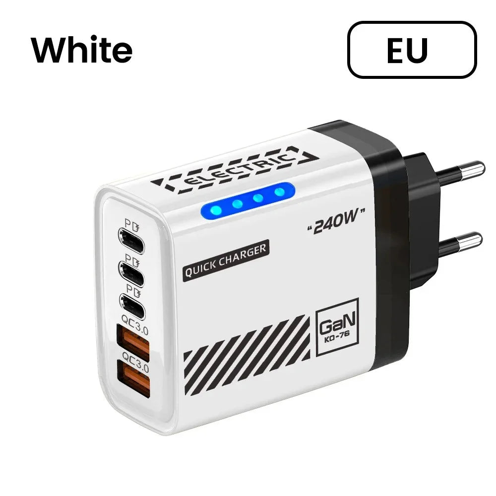 240W GaN 5 Port Fast Charging Station 3PD 2USB Desk Adapter For iPhone 17 16 15 Pro Samsung Xiaomi EU US Wall Plug USB C Charger