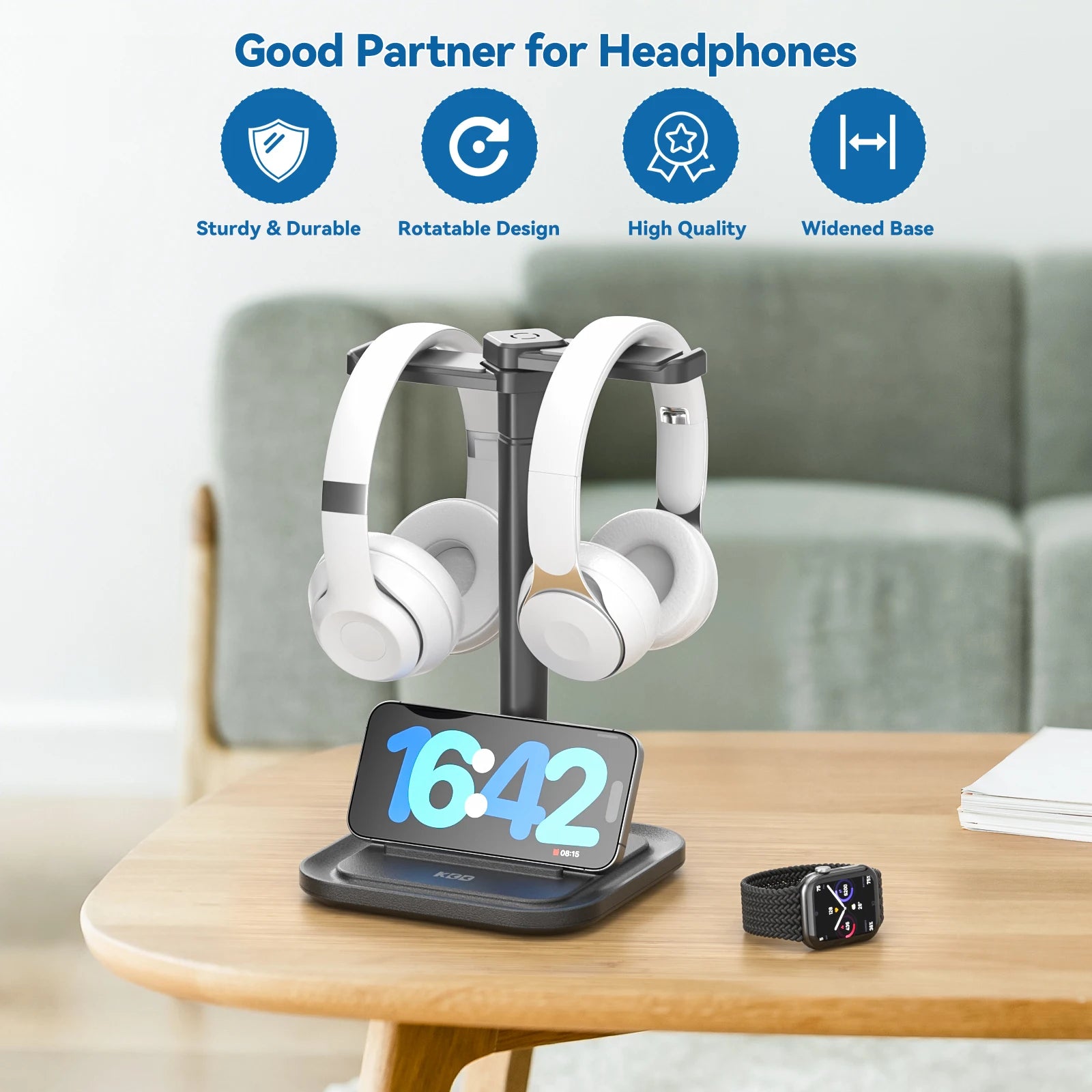 Dual Headphone Stand for Desk Rotatable Headset Hanger with Phone Holder Removable Non-Slip Base for Gamers Desktop Accessories