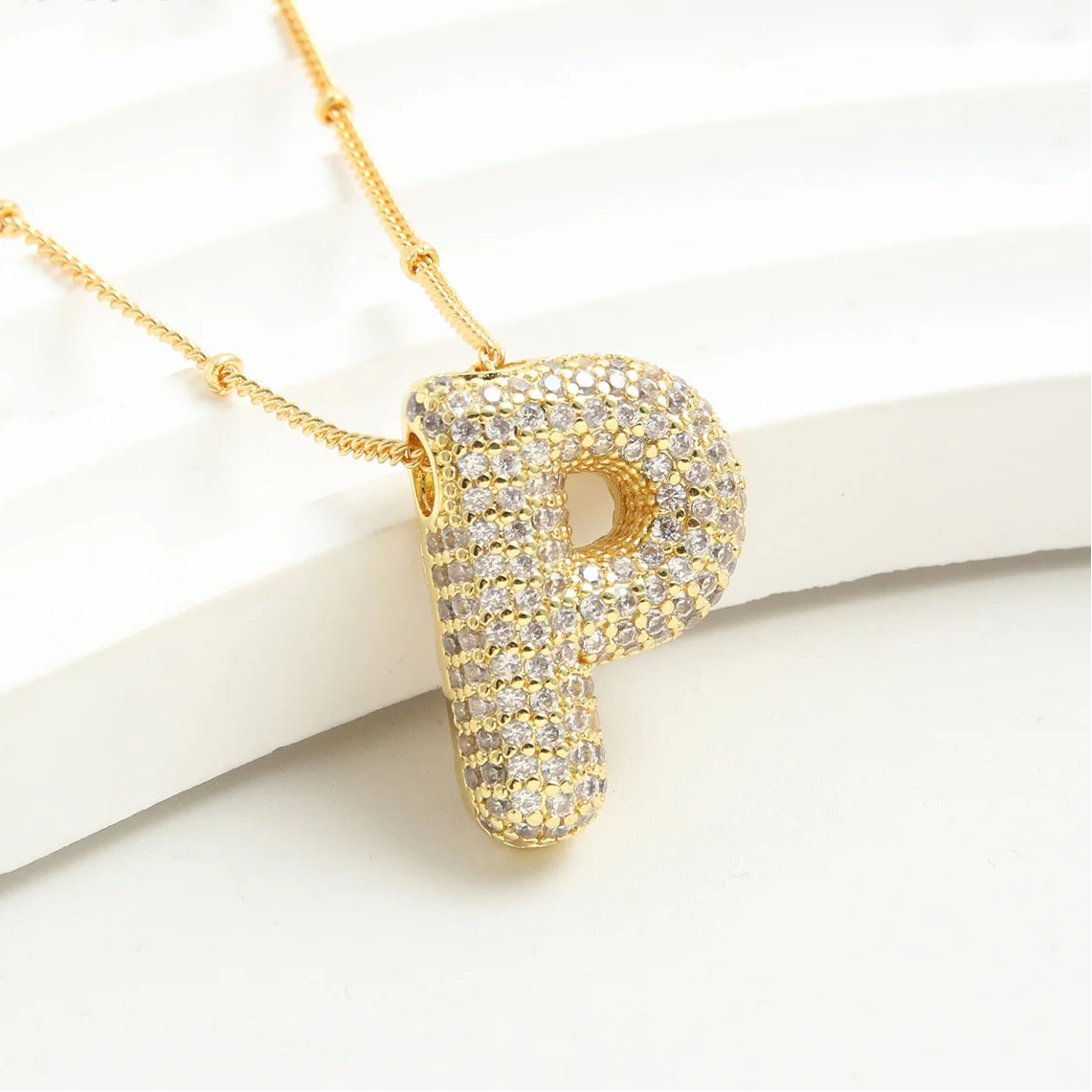 Gold-Style Plated Balloon Initial Zirconia Letter Pendant Necklace