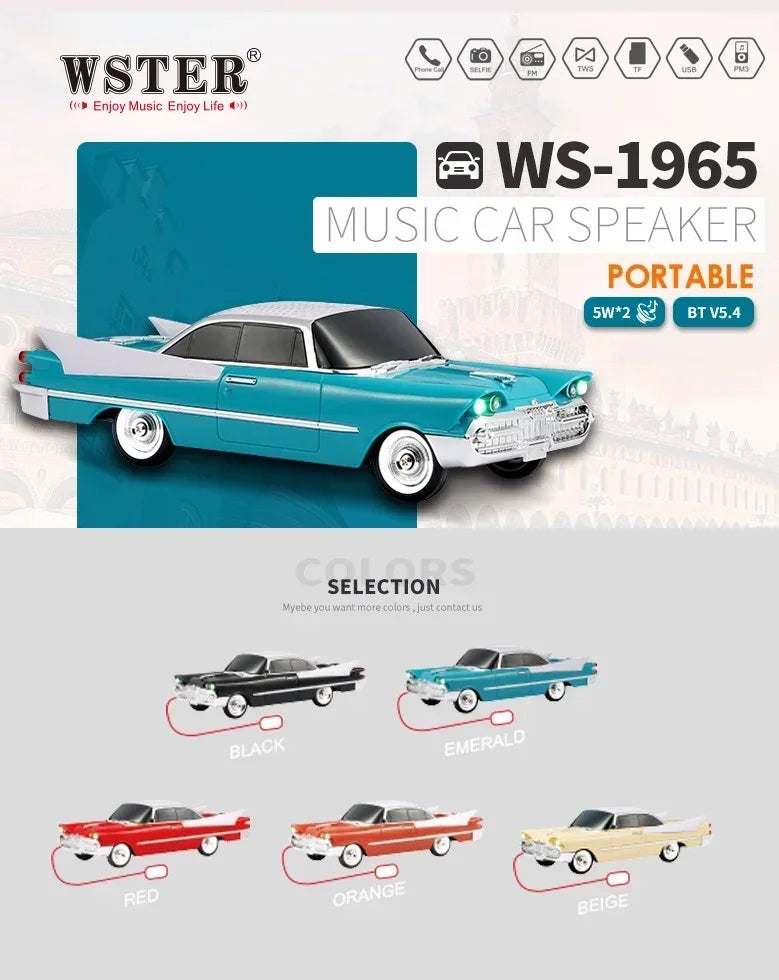 WS-1965 Classic Car Shaped Bluetooth Speaker with Subwoofer Support U Disk TF Card Fm Radio Portable Vintage HIFI Stereo Boombox
