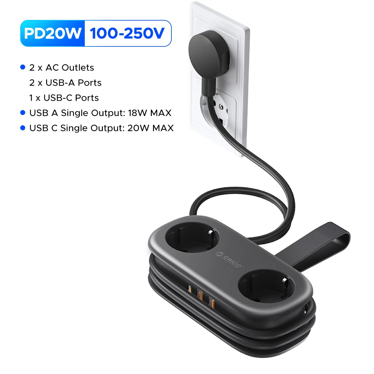Orico Compact 2-Outlet Travel Power Strip with 20W USB-C PD