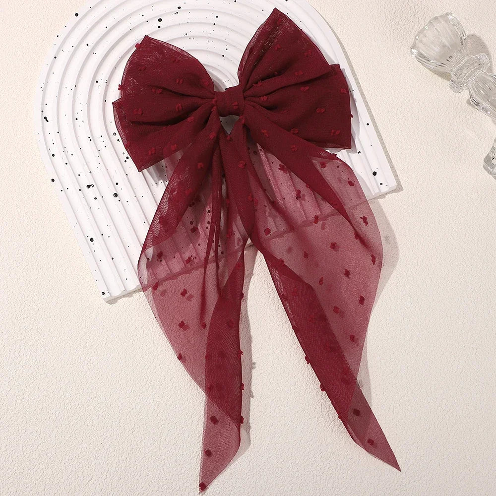 Elegant Long Satin Bow Hair Clip Large Chiffon Barrette