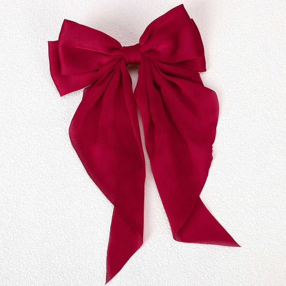 Elegant Long Satin Bow Hair Clip Large Chiffon Barrette