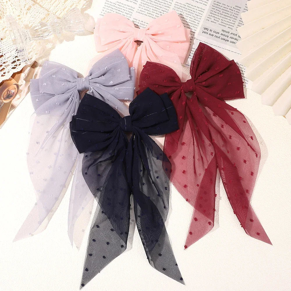 Elegant Long Satin Bow Hair Clip Large Chiffon Barrette