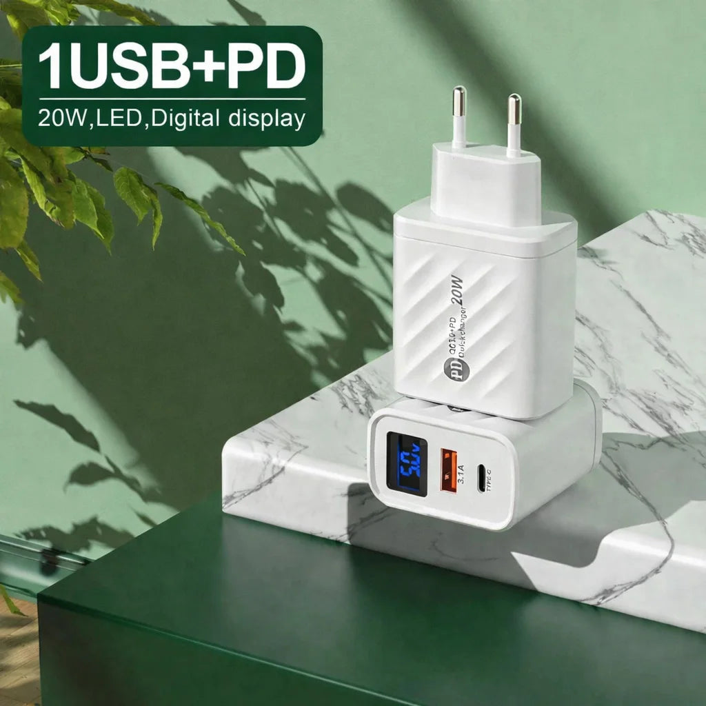 20W USB C Fast Charger with LCD Display, 2-Port Multi Charger for iPhone 14 Pro Max, Samsung, Xiaomi, Huawei, Quick Charge 3.0