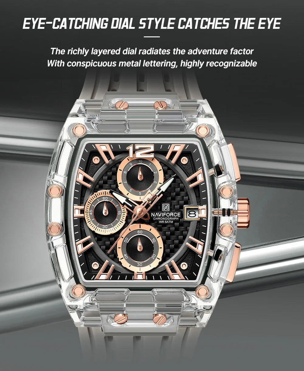 Naviforce NF7105 Tonneau Quartz Chronograph 5ATM Silicone Watch