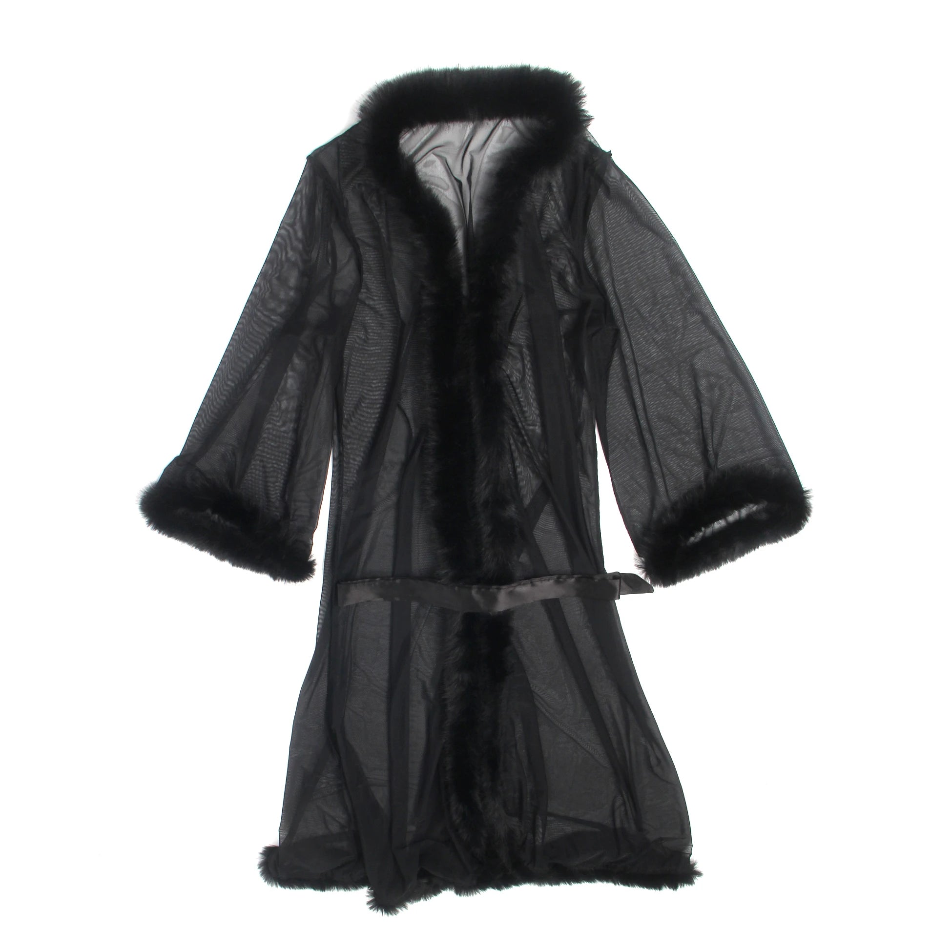 Long Sleeve Transparent Mesh Robe with Faux Mink
