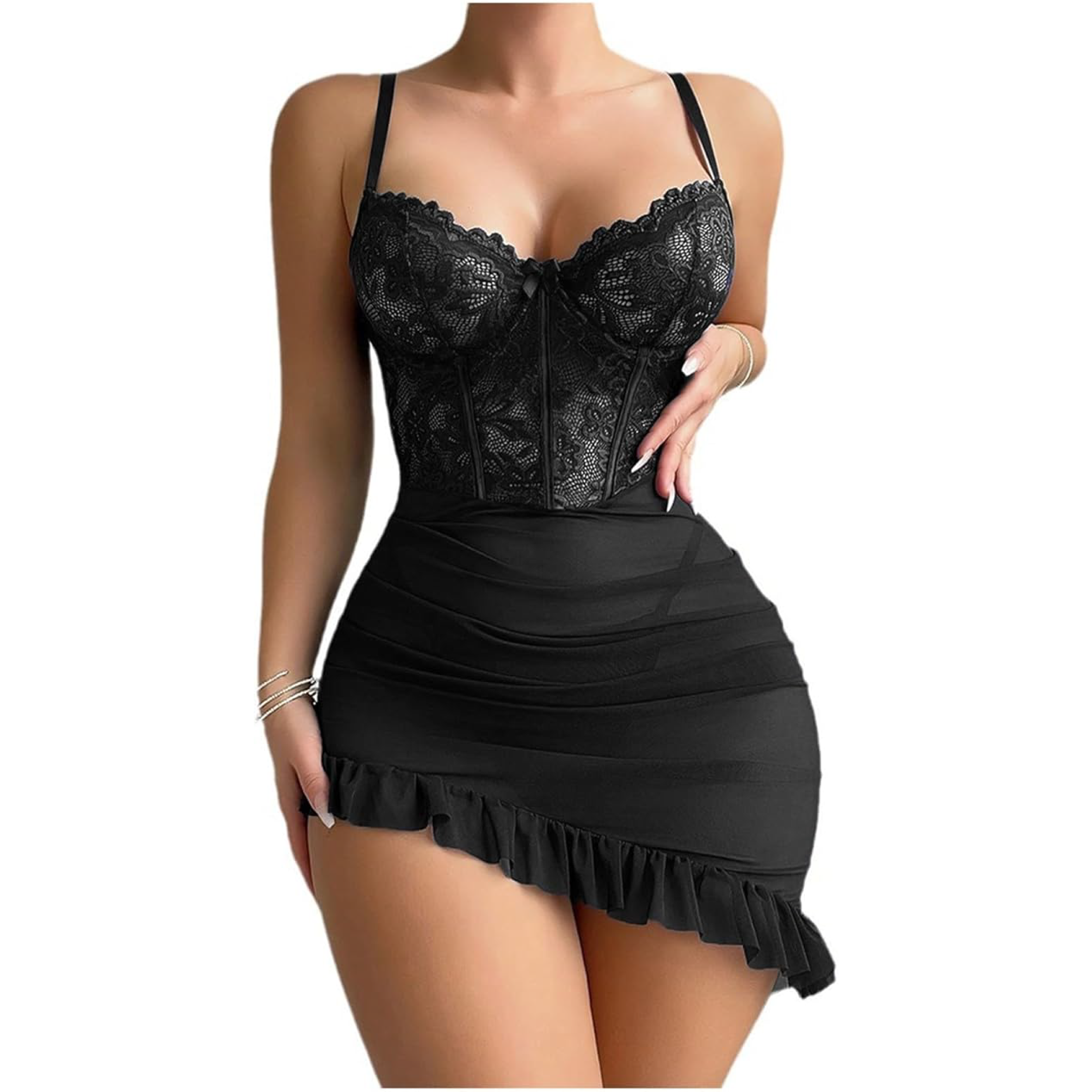 Transparent Underwire Lace Lingerie and Fairy Nighty Set