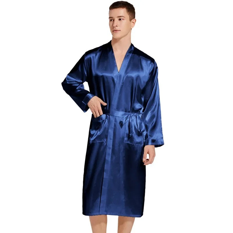 Men's Long Black Satin Bridegroom Wedding Bathrobe