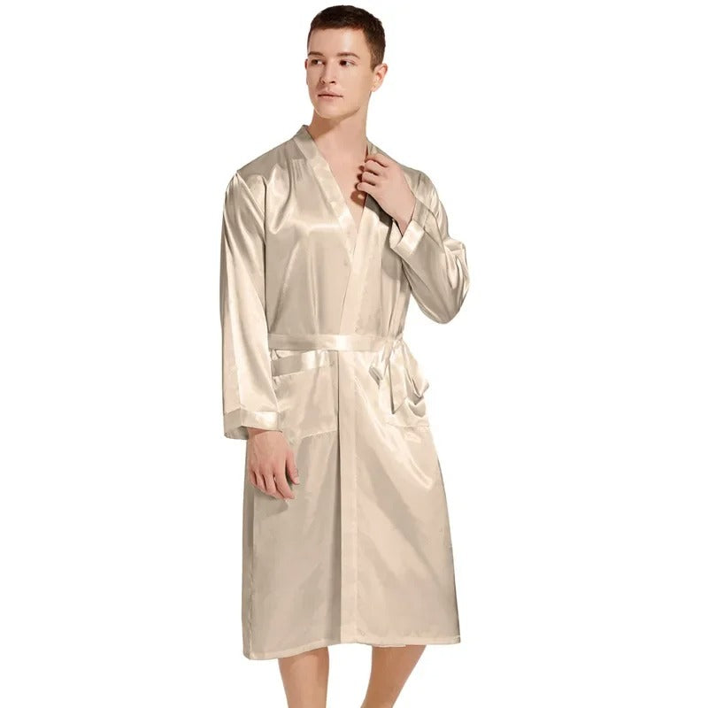 Men's Long Black Satin Bridegroom Wedding Bathrobe