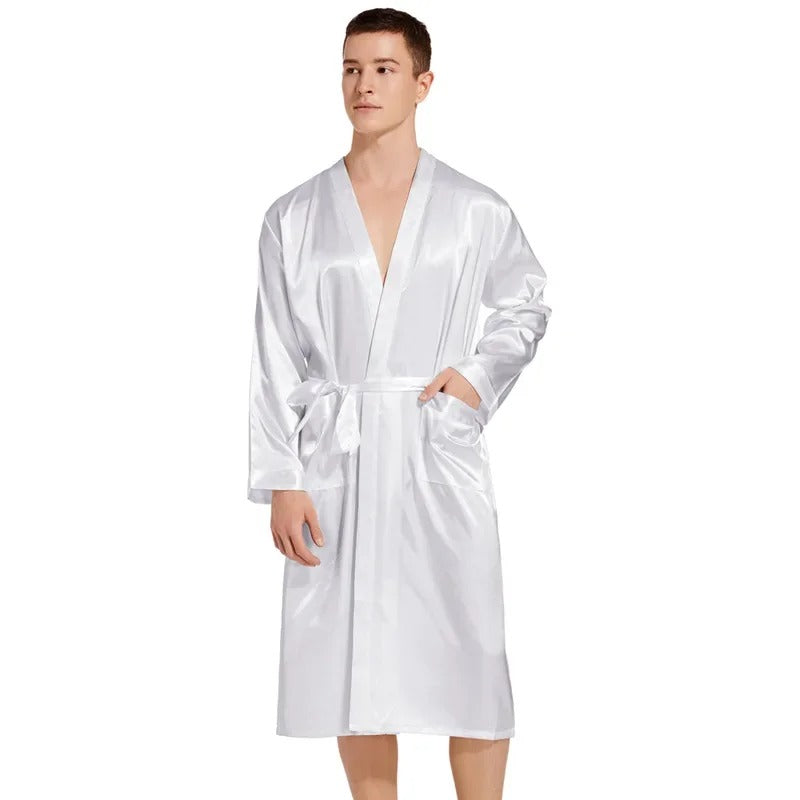 Men's Long Black Satin Bridegroom Wedding Bathrobe